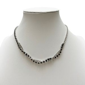 Vintage Black & Clear Prong Set Rhinestone Twisted Collar Necklace Silvertone